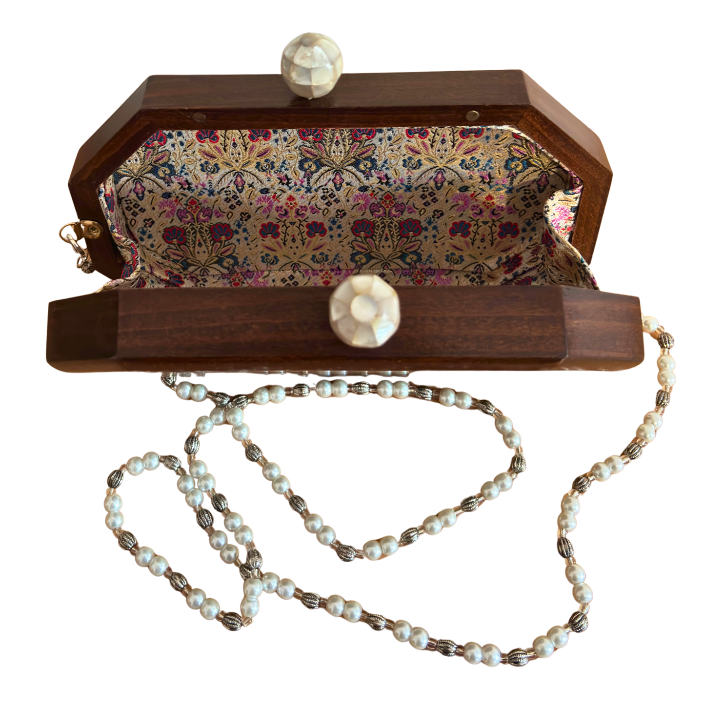 The Whisper of Roses – Handcrafted Damascene Walnut Clutch with Mother of Pearl Rose Inlay & Pearl Rosary Chain