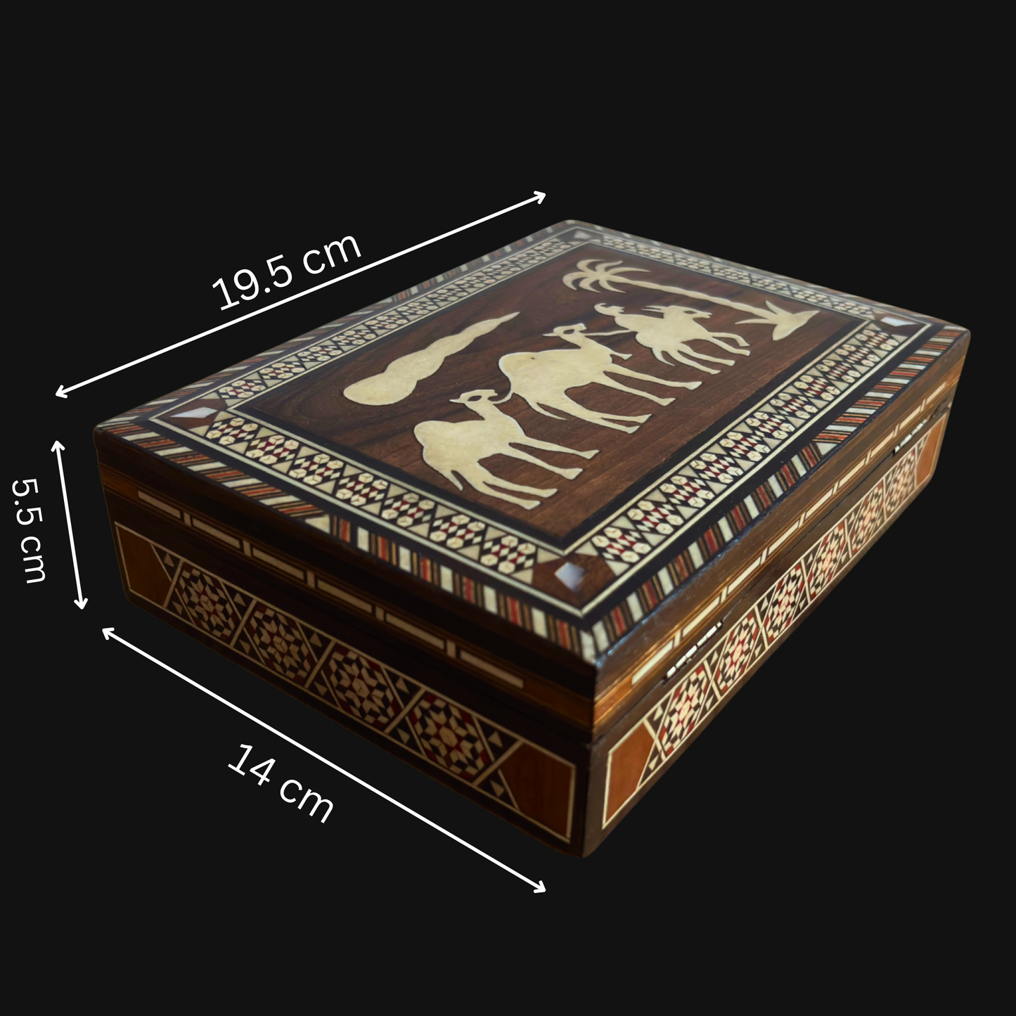 Caixa vintage de mosaico damasceno dos anos 70, design de camelo, caixa artesanal síria para lembranças