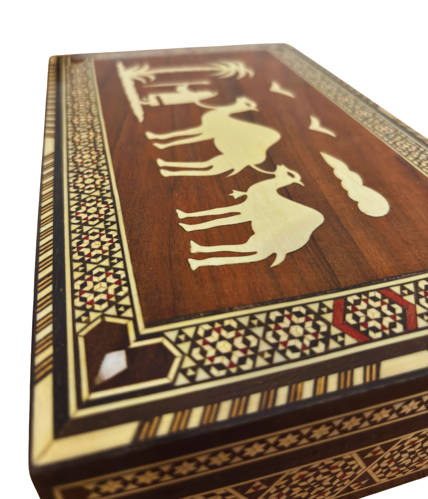 Rare Boîte à Mosaïque Chameau Vintage 1970 – Art Oriental Damascène Artisanale avec Incrustation de Nacre