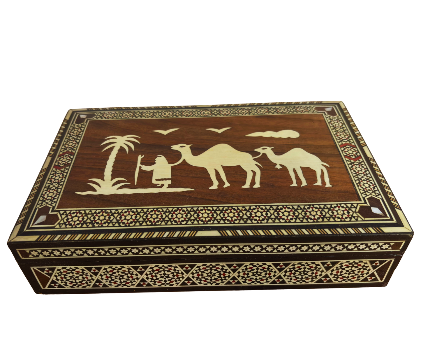 Rare Boîte à Mosaïque Chameau Vintage 1970 – Art Oriental Damascène Artisanale avec Incrustation de Nacre