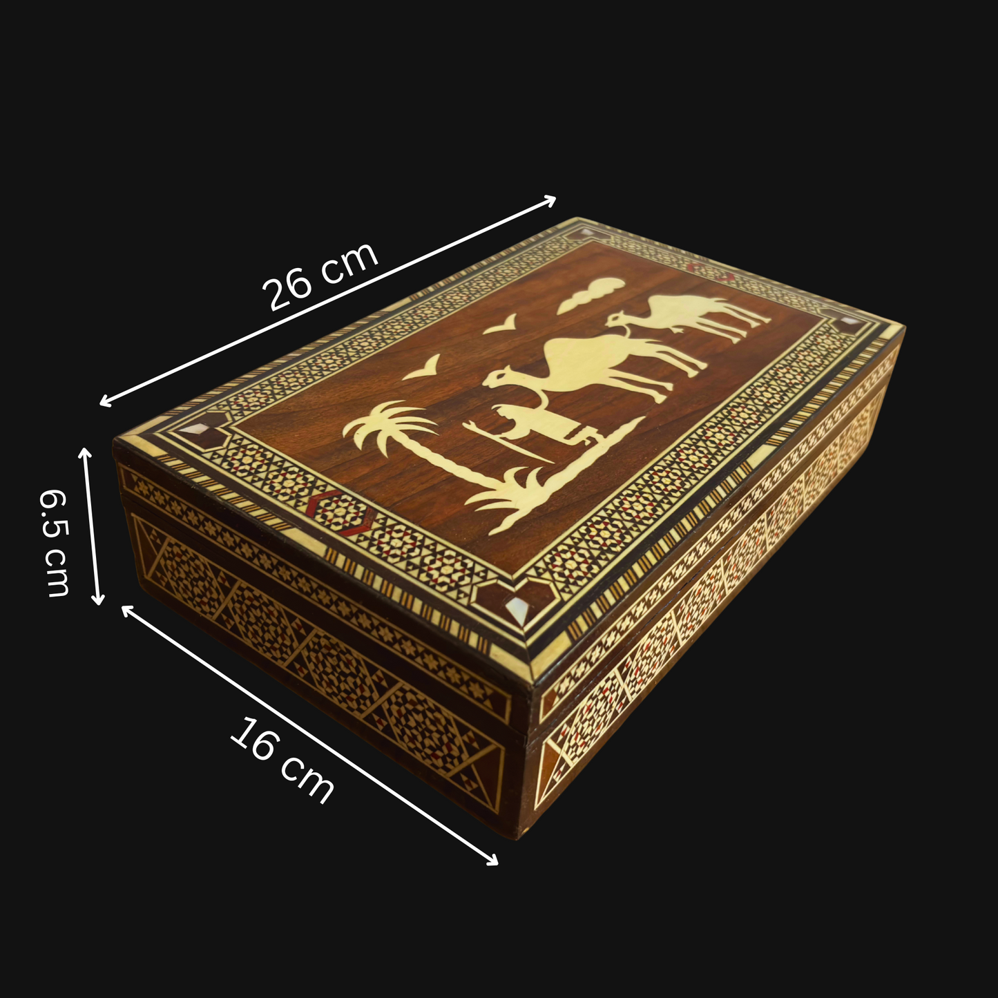 Rare Boîte à Mosaïque Chameau Vintage 1970 – Art Oriental Damascène Artisanale avec Incrustation de Nacre