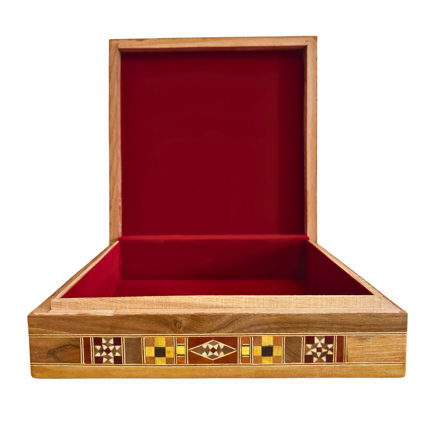 Grande Boîte à Mosaïque Damascène – Coffret Carré à Bijoux Artisanale avec Incrustation de Bois Fin et Intérieur en Velours