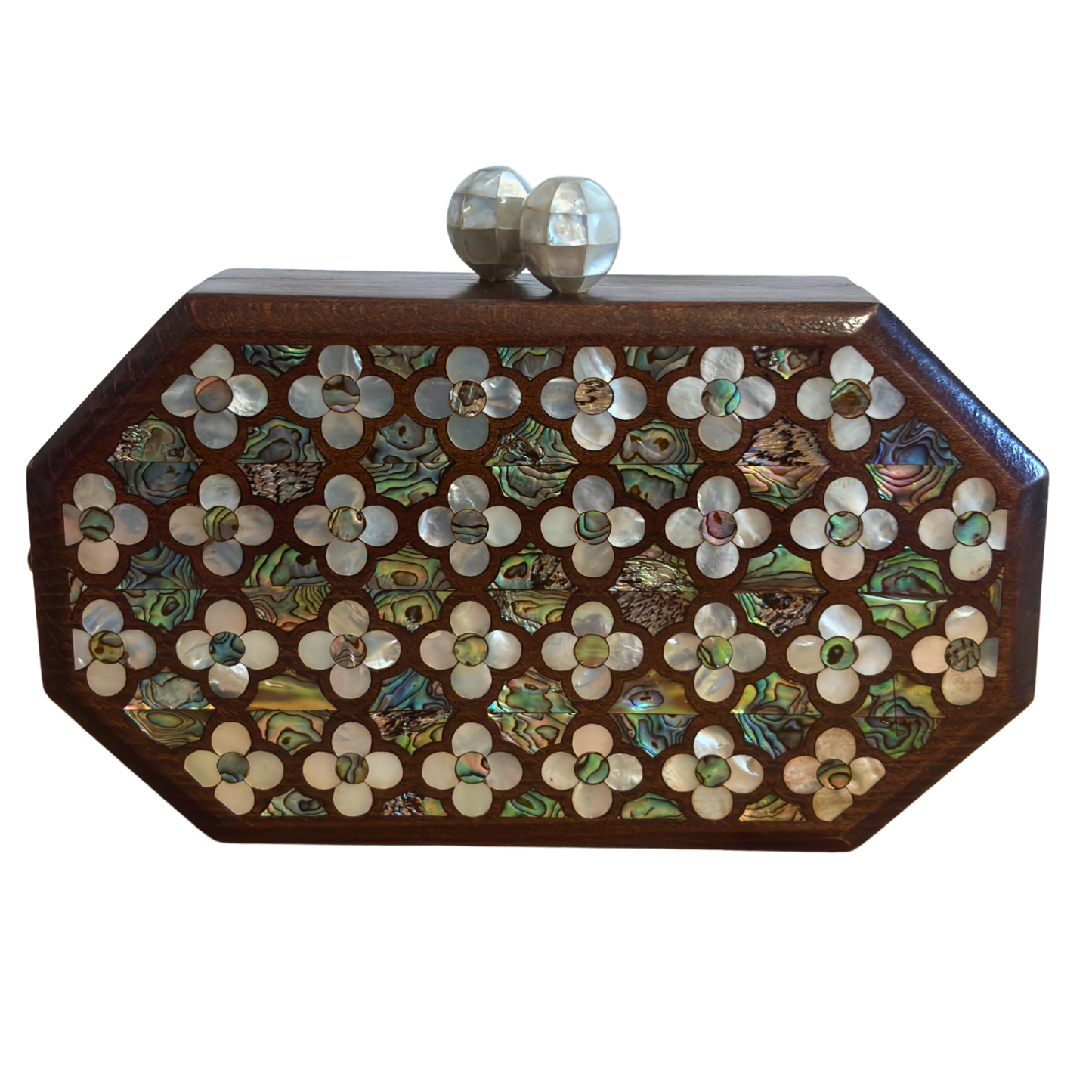 The Whisper of Roses – Handcrafted Damascene Walnut Clutch with Mother of Pearl Rose Inlay & Pearl Rosary Chain