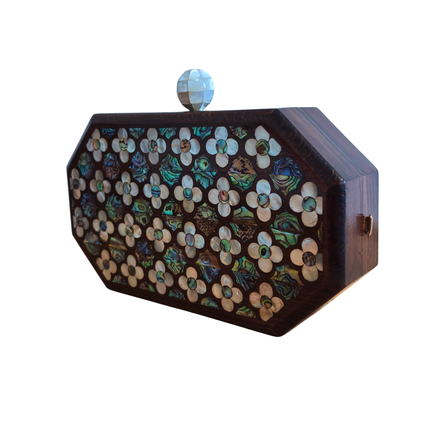 The Whisper of Roses – Handcrafted Damascene Walnut Clutch with Mother of Pearl Rose Inlay & Pearl Rosary Chain