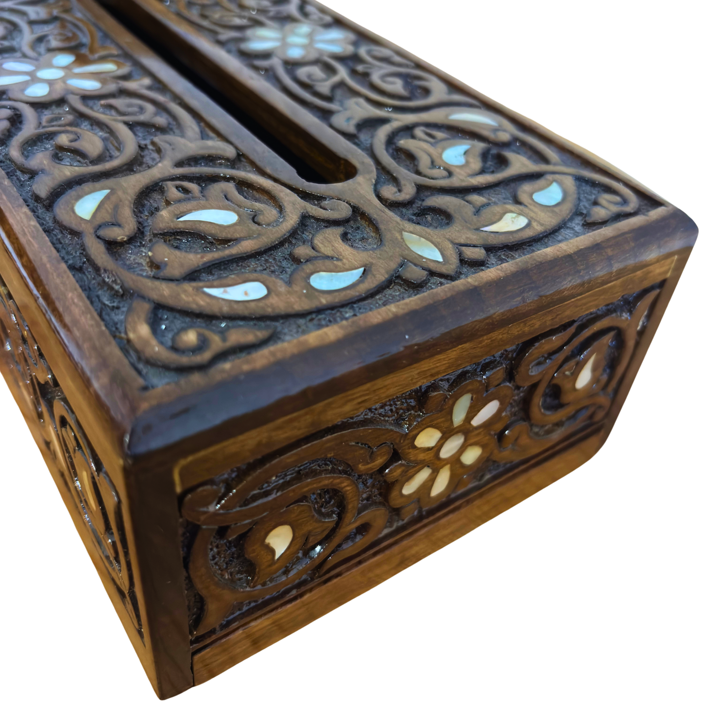 Hand-Carved Beechwood Tissue Box with Mother of Pearl Inlay – Walnut Finish Elegance