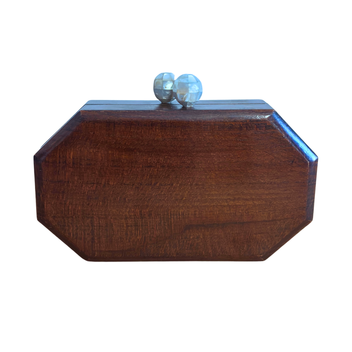 The Whisper of Roses – Handcrafted Damascene Walnut Clutch with Mother of Pearl Rose Inlay & Pearl Rosary Chain