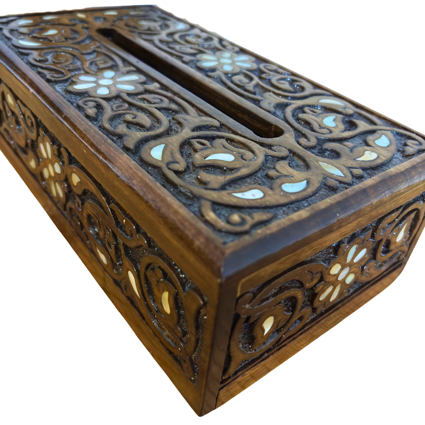 Hand-Carved Beechwood Tissue Box with Mother of Pearl Inlay – Walnut Finish Elegance
