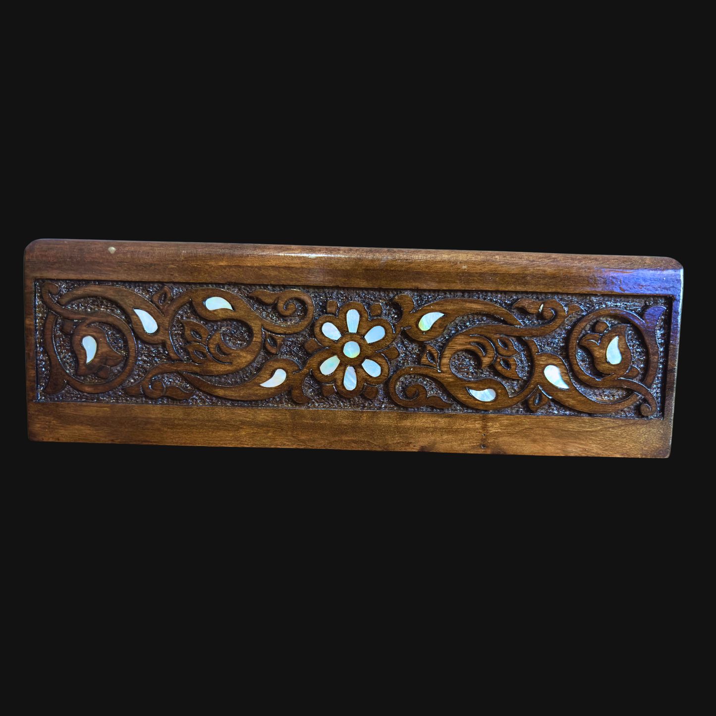 Hand-Carved Beechwood Tissue Box with Mother of Pearl Inlay – Walnut Finish Elegance