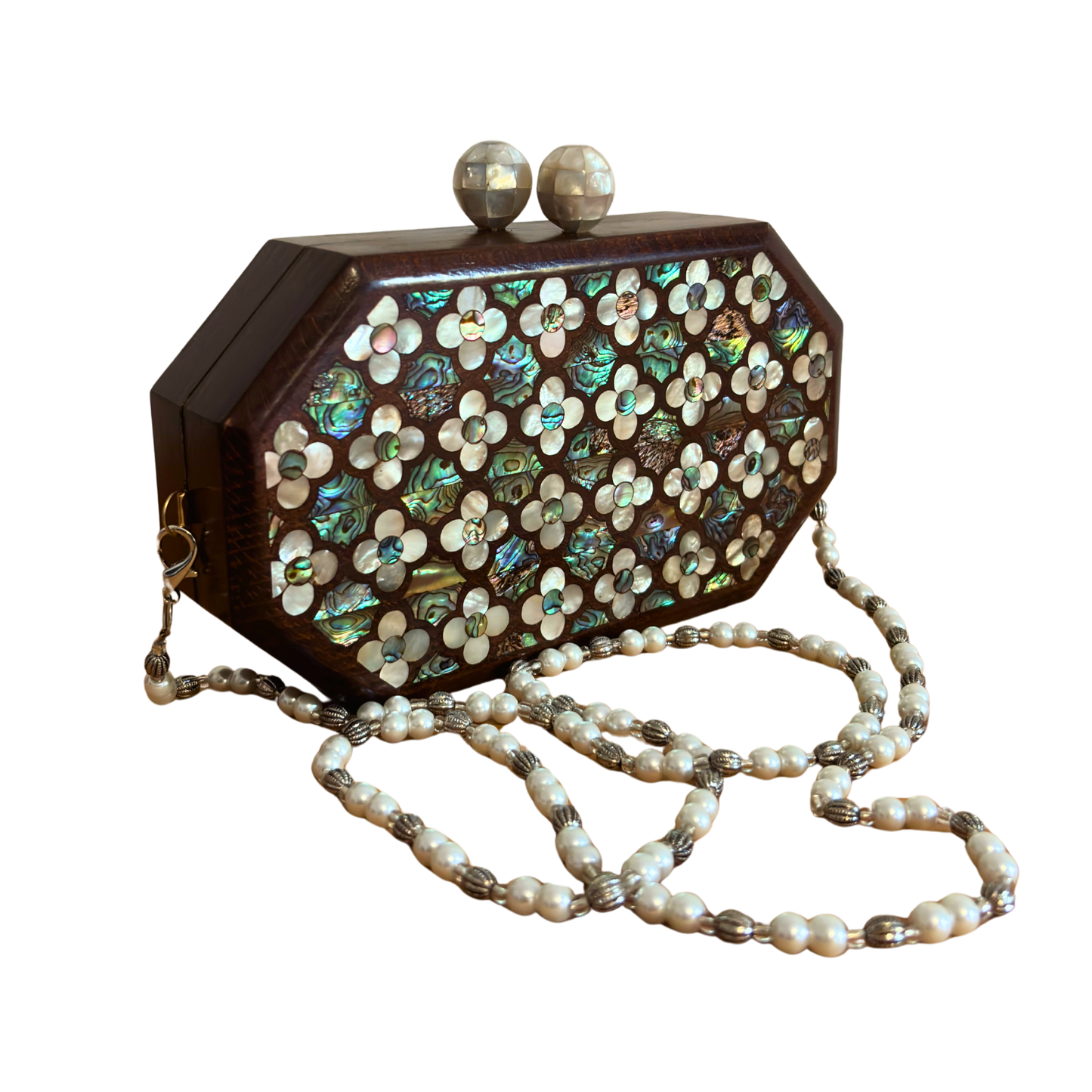 The Whisper of Roses – Handcrafted Damascene Walnut Clutch with Mother of Pearl Rose Inlay & Pearl Rosary Chain