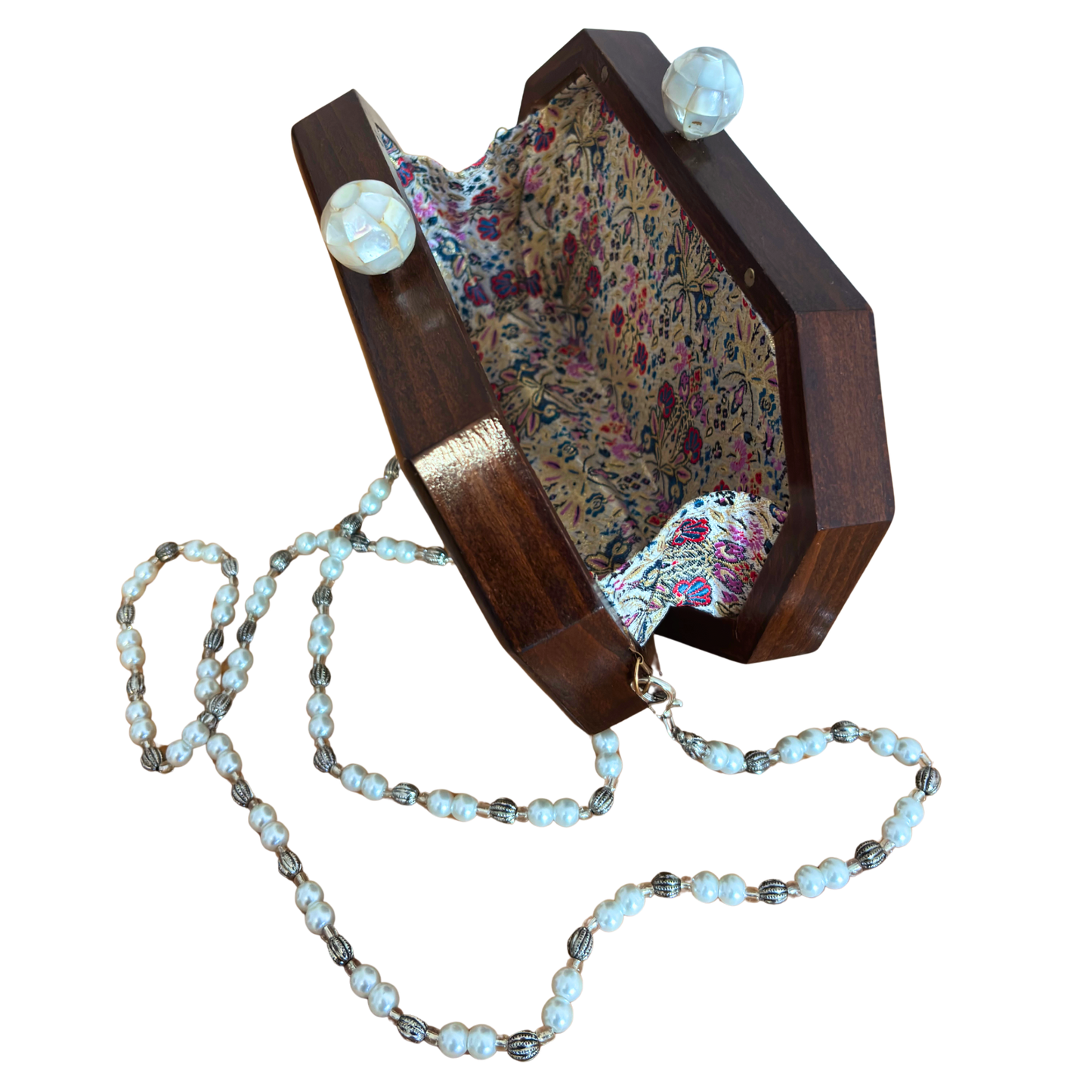 The Whisper of Roses – Handcrafted Damascene Walnut Clutch with Mother of Pearl Rose Inlay & Pearl Rosary Chain