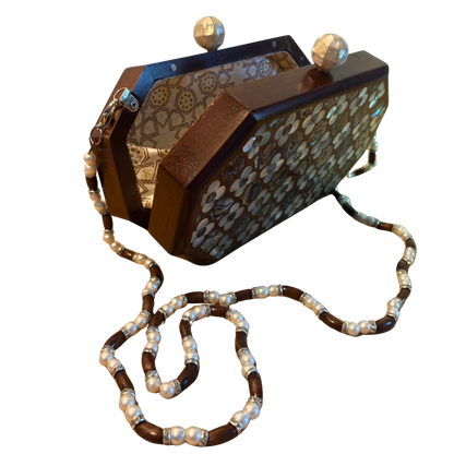 Jouri – Luxury Damascene Clutch with Mother of Pearl Rose Inlay & Pearl Rosary Chain