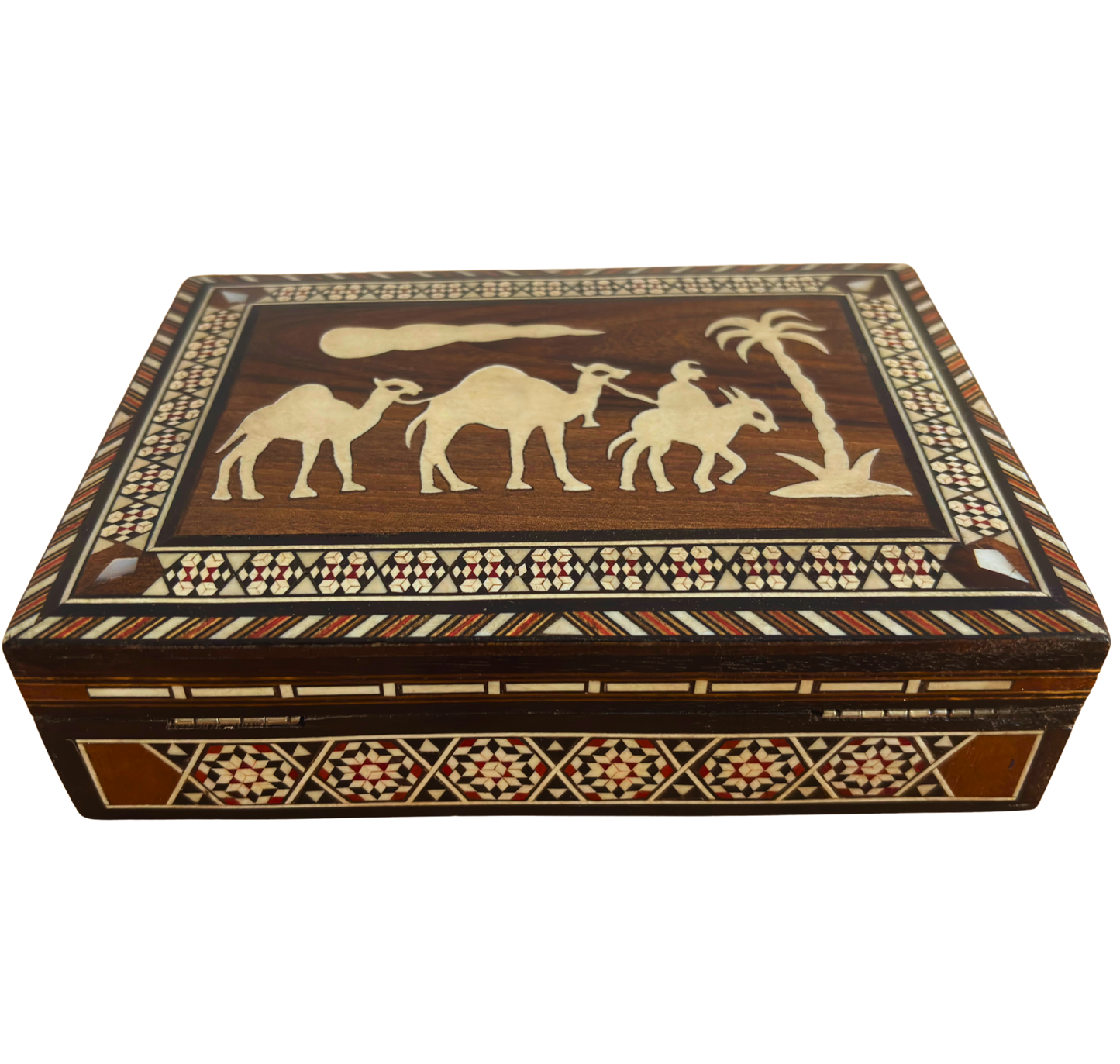 Boîte vintage en mosaïque damasquinée des années 70, motif chameau, boîte syrienne artisanale pour souvenirs