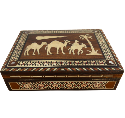 Boîte vintage en mosaïque damasquinée des années 70, motif chameau, boîte syrienne artisanale pour souvenirs