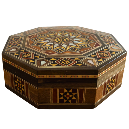 Elegant Octagonal Damascene Mosaic Box – Handcrafted Wood & Mother of Pearl Inlay