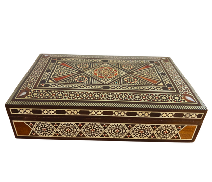 Vintage 1970 Damascene Mozaïek Sieradendoos – Handgemaakte Oosterse Inleg met Parelmoer