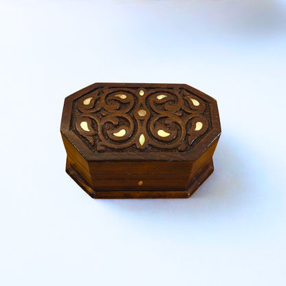 Hand-Carved Beechwood Box with Mother of Pearl Inlay – Walnut Finish Elegance