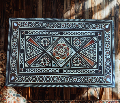 Vintage 1970 Damascene Mozaïek Sieradendoos – Handgemaakte Oosterse Inleg met Parelmoer