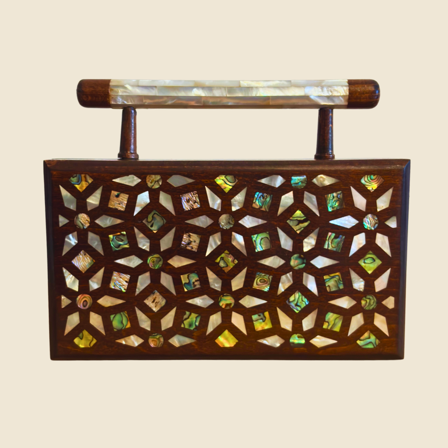 Zenobia – Luxuriöse Damast-Mosaik Clutch mit Perlmutt Intarsie & Brokat Innenfutter