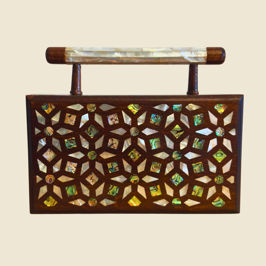 Zenobia – Luxury Damascene Walnut Clutch with Geometric & Botanical Mother of Pearl Inlay