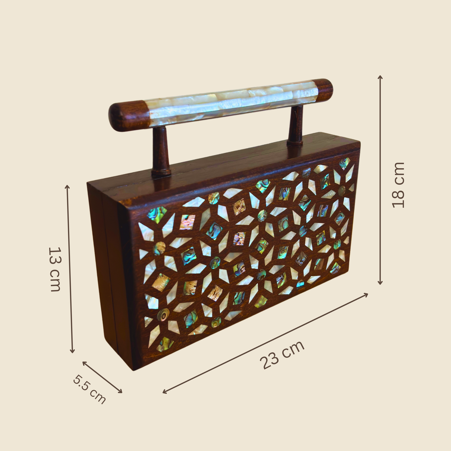 Zenobia – Luxuriöse Damast-Mosaik Clutch mit Perlmutt Intarsie & Brokat Innenfutter