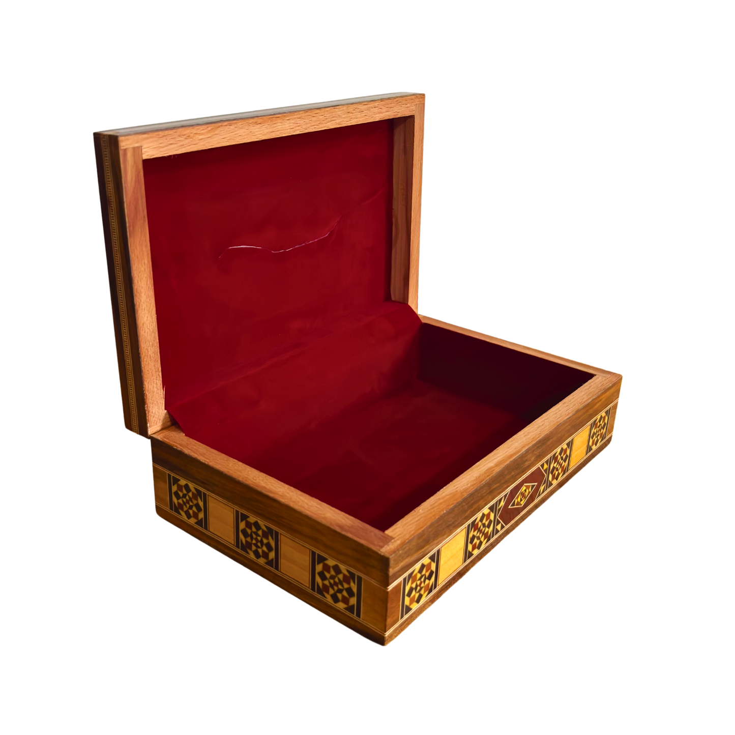 Elegante Damast Mozaïek Houten Tissue Box – Parelmoer Inleg & Fluwelen Binnenkant