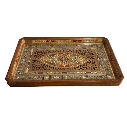 Damascene Mosaic Wooden Tray – Mother of Pearl Inlay & Natural Wood Elegance