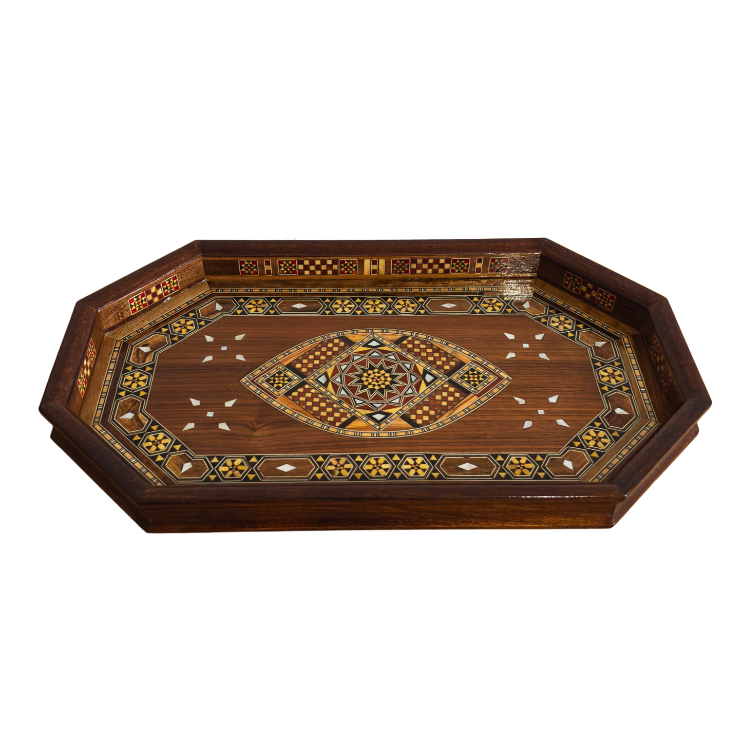 Damascene Mosaic Wooden Tray – Mother of Pearl Inlay & Walnut Finish