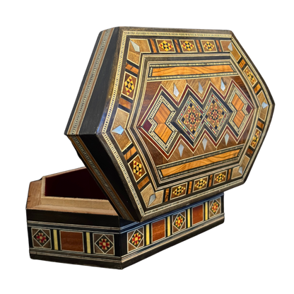 Handcrafted Damascene Mosaic Box – Mother of Pearl & Velvet Harmony