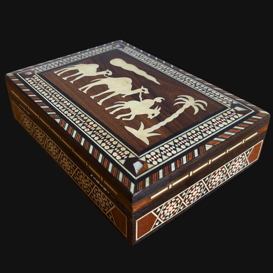Boîte vintage en mosaïque damasquinée des années 70, motif chameau, boîte syrienne artisanale pour souvenirs