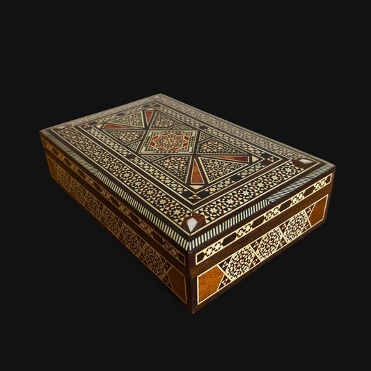 Boîte à Bijoux Mosaïque Damascène Vintage 1970 – Incrustation Orientale Artisanale en Nacre