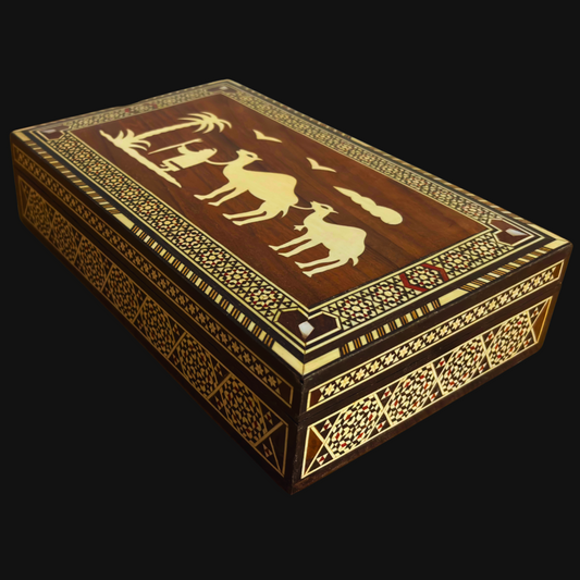 Rare Boîte à Mosaïque Chameau Vintage 1970 – Art Oriental Damascène Artisanale avec Incrustation de Nacre