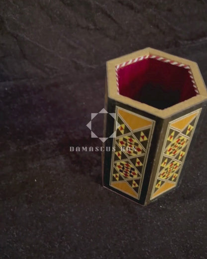 Handcrafted Damascene Mosaic Pen Holder – Velvet Interior